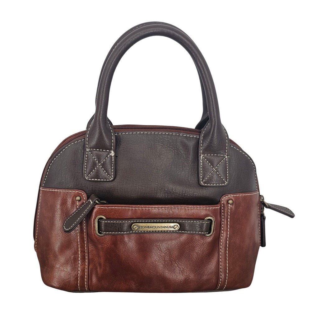 Stone Mountain USA Brown Cognac Two Tone Faux Leather Dome Satchel Handbag